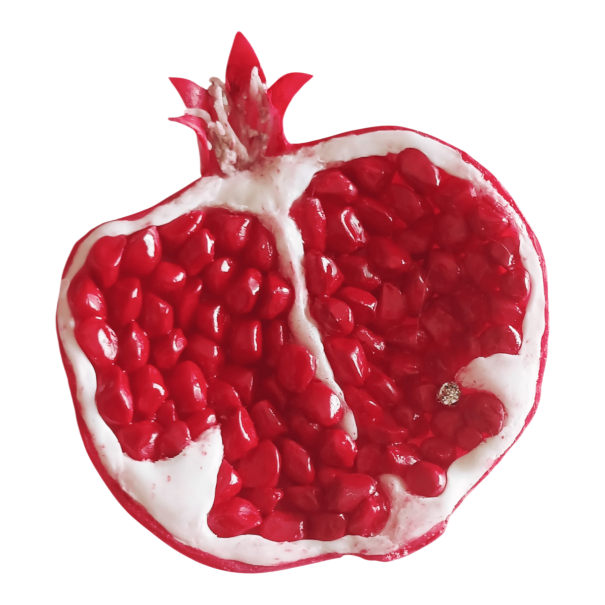 jayabyserapgul marka soğuk porselen el yapımı kırmızı nar figürlü couture broş, gerçekçi dokulu parlak nar taneleri