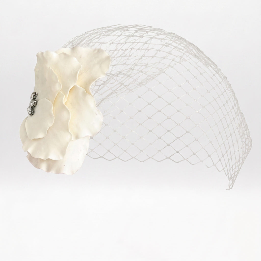 "Ivory Blossom" Hand-Sculpted Bridal Hair Piece with Voilette